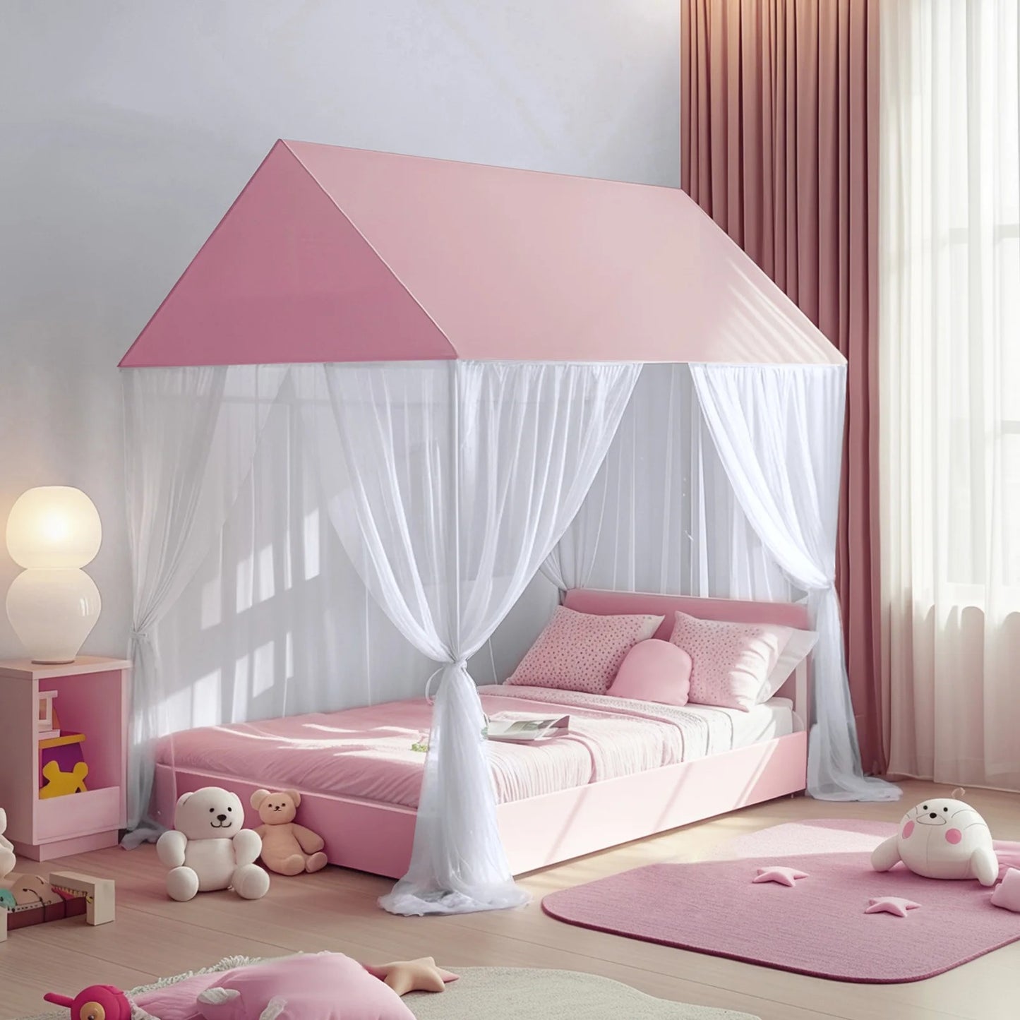 ciel de lit cabane blanc rose rideaux de lit