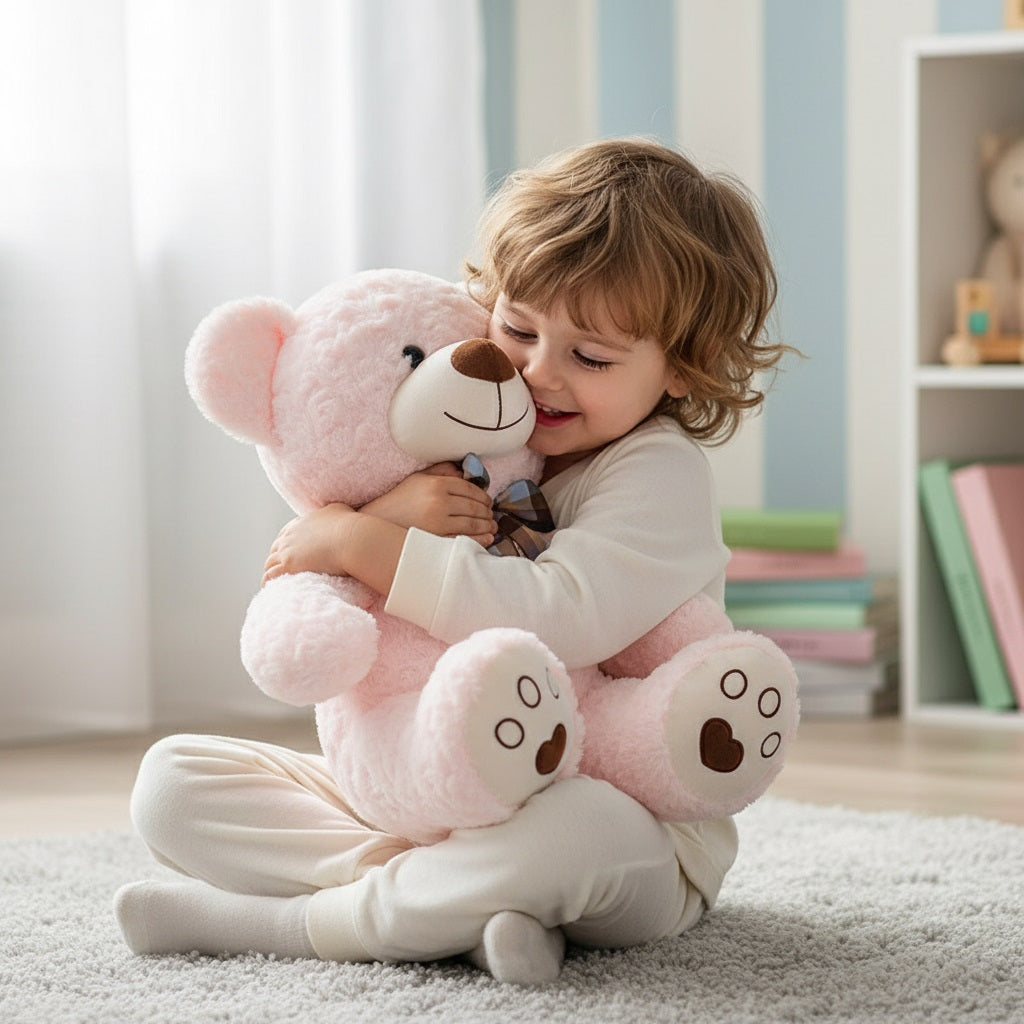 enfant avec ours en peluche géant rose MueBearPlush