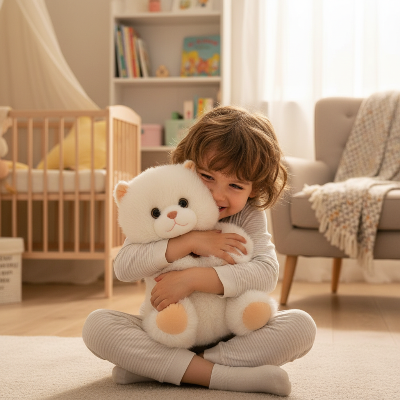 Enfant câlinant la peluche chat