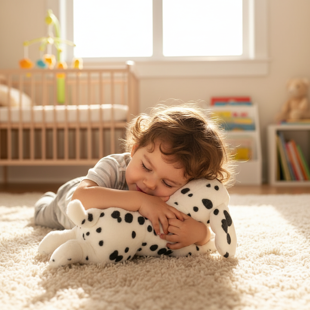 Enfant câlinant la peluche chien dalmatien PuppyDoll