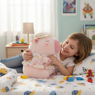 enfant joue avec peluche capybara doudou vetu muecapy rose