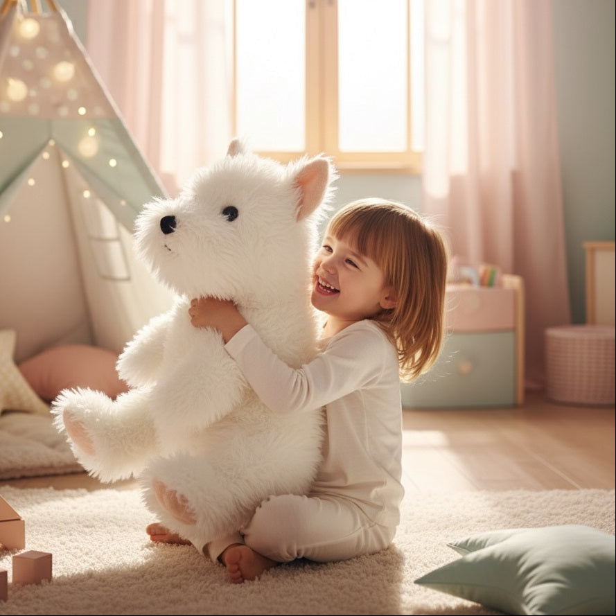 enfant joue avec sa peluche chien réaliste muecalinou de 90 cm
