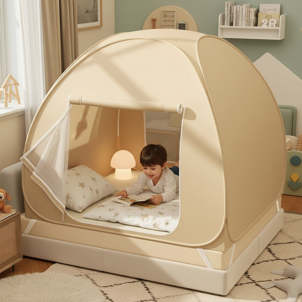 Enfant lisant dans la tente de lit en dôme beige BedYurt