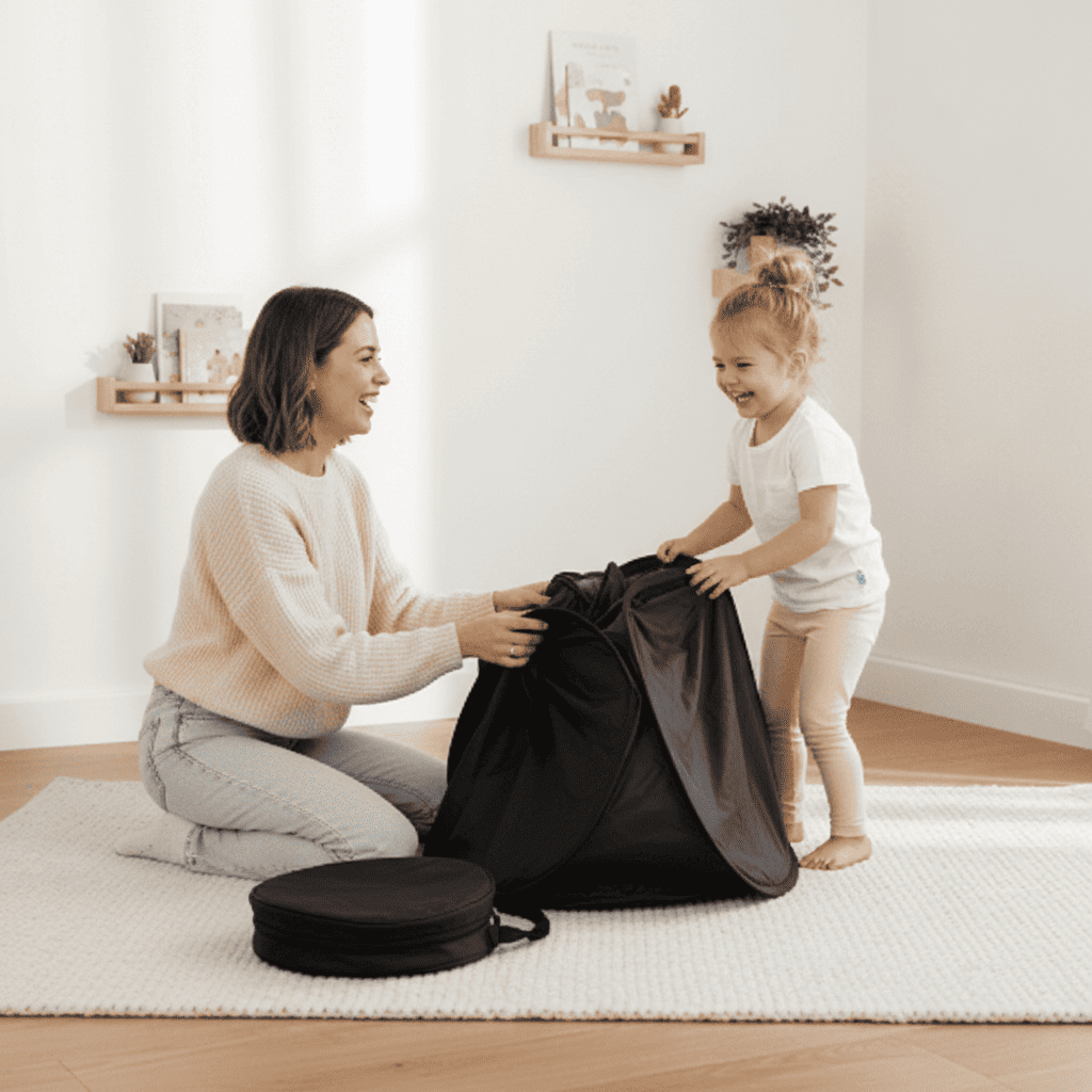 maman et enfant pliant la tente enfant sensorielle sensoritent ensemble