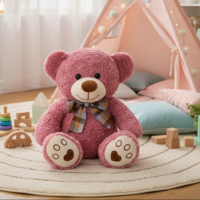 ours en peluche géant violet muebearplush dans espace de jeu