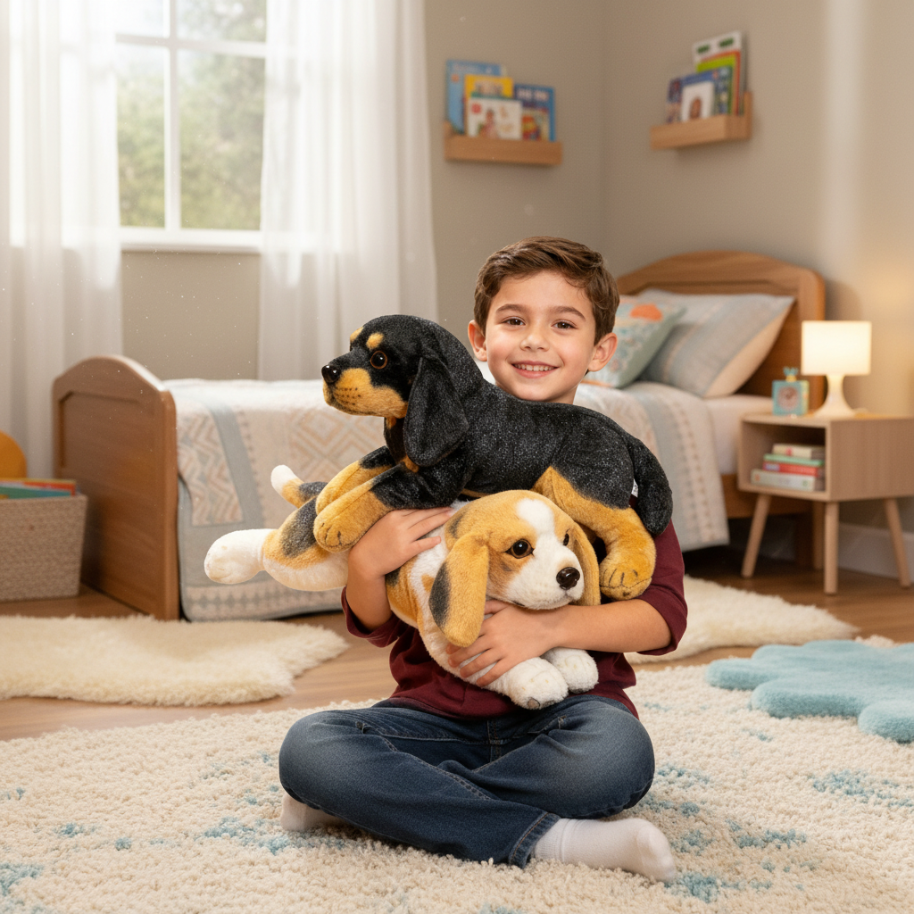 peluche chiot réaliste noir doudou chien tout doux pour enfant puppydolldans Chambre enfant cosy
