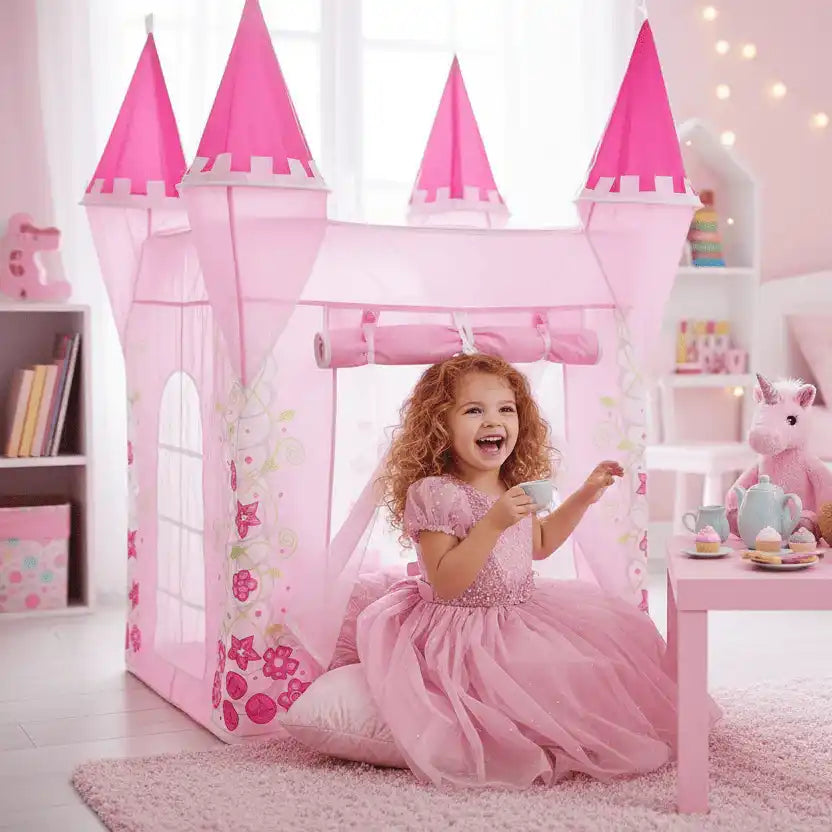 petite fille jouant dans la tente enfant chateau princesse royaltent