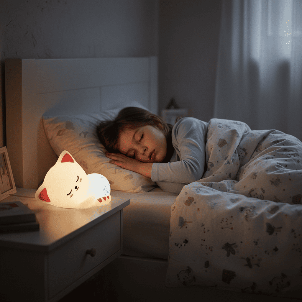 enfant endormi avec sa veilleuse chat à la lumière chaude