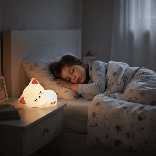 enfant endormi avec sa veilleuse chat à la lumière chaude