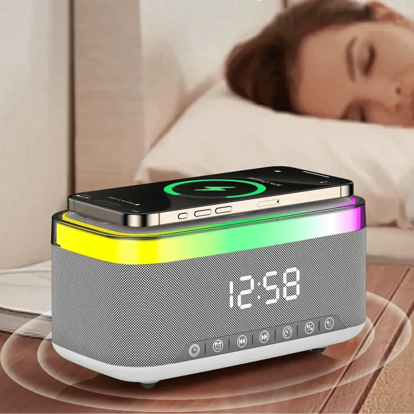 radio réveil bluetooth veilleuse enfant 6-en-1 – enceinte blutooth, chargeur sans fil & affichage led