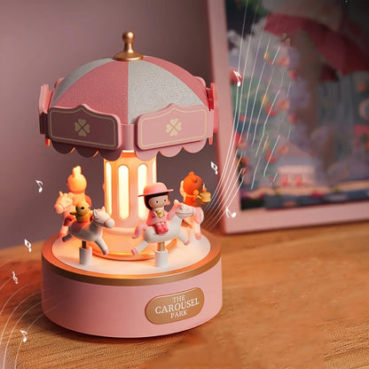 boite a musique rechargeable carousselson park rose sur table