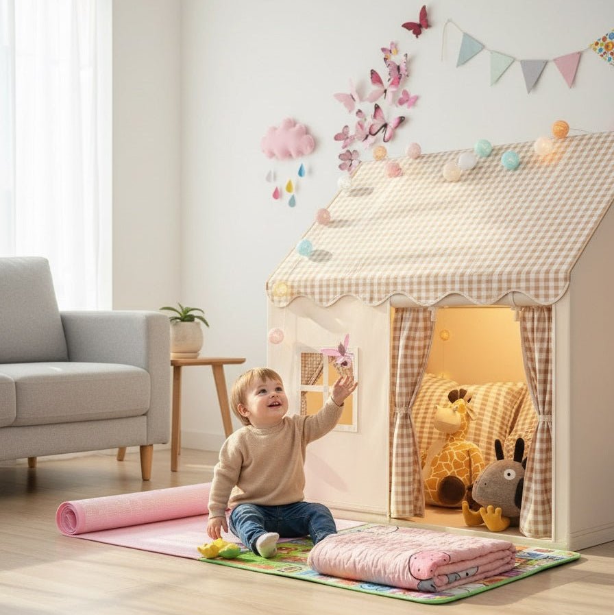 cabane enfant - tente enfant beige avec guirlandes et décorations | CabanePliante™ - Mon Univers Enfant