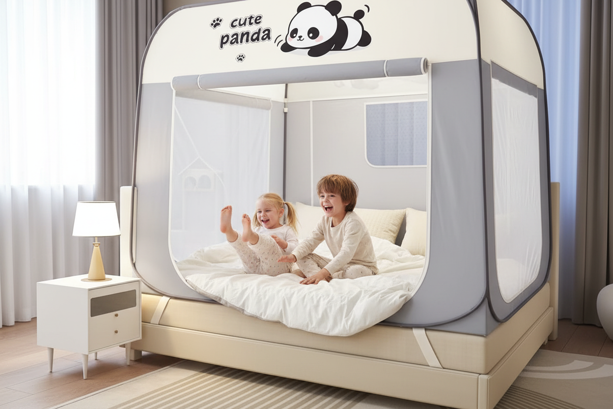 Deux enfants jouant dans la tente lit panda