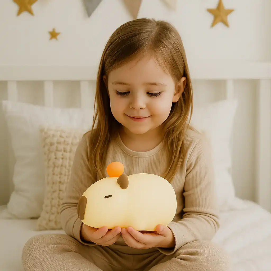 enfant avec capybara veilleuse enfant capylight sur pattes