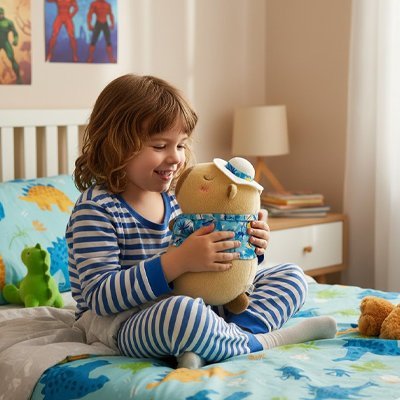 enfant avec peluche capybara doudou vetu muecapy bleu