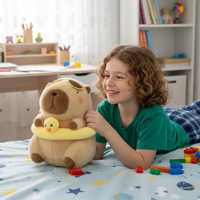 enfant avec peluche capybara doudou vetu muecapy jaune nageur