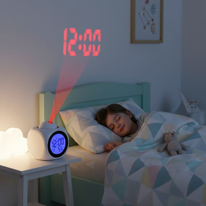 enfant dans chambre avec reveil a projection nuitsereine blanc annonce vocale