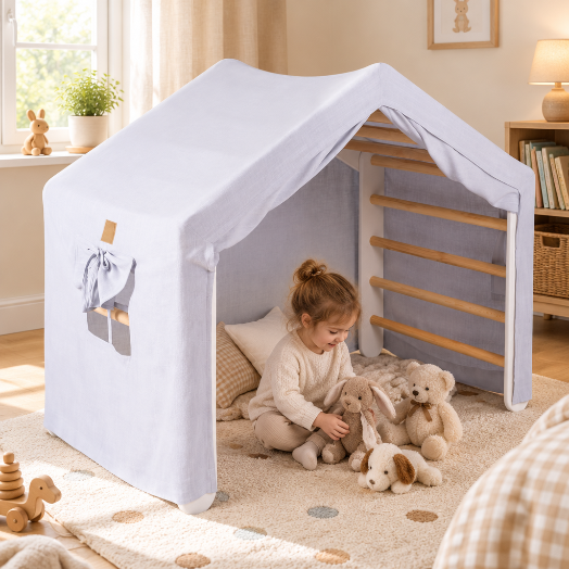 Enfant jouant avec des peluches dans la tente de jeu blanche avec mur d’escalade en bois HerTent