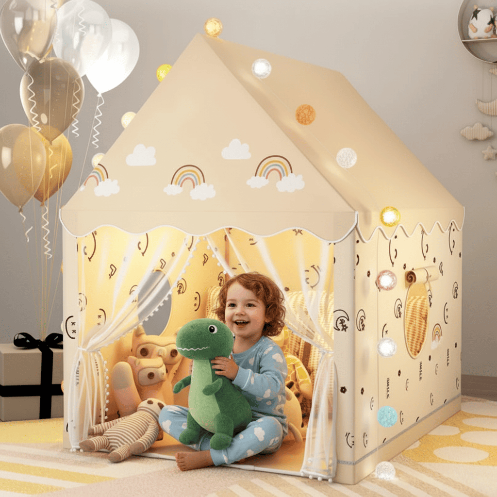 enfant de 5 ans jouant dans la tente beige magiqueaventure