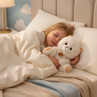 Enfant dormant avec la peluche chat