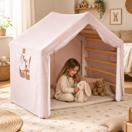 Enfant jouant avec des peluches dans la tente rose HerTent