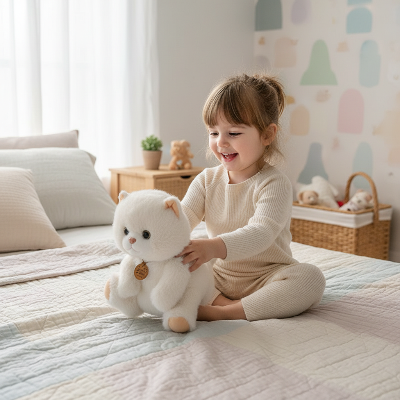 Enfant jouant avec la peluche chat