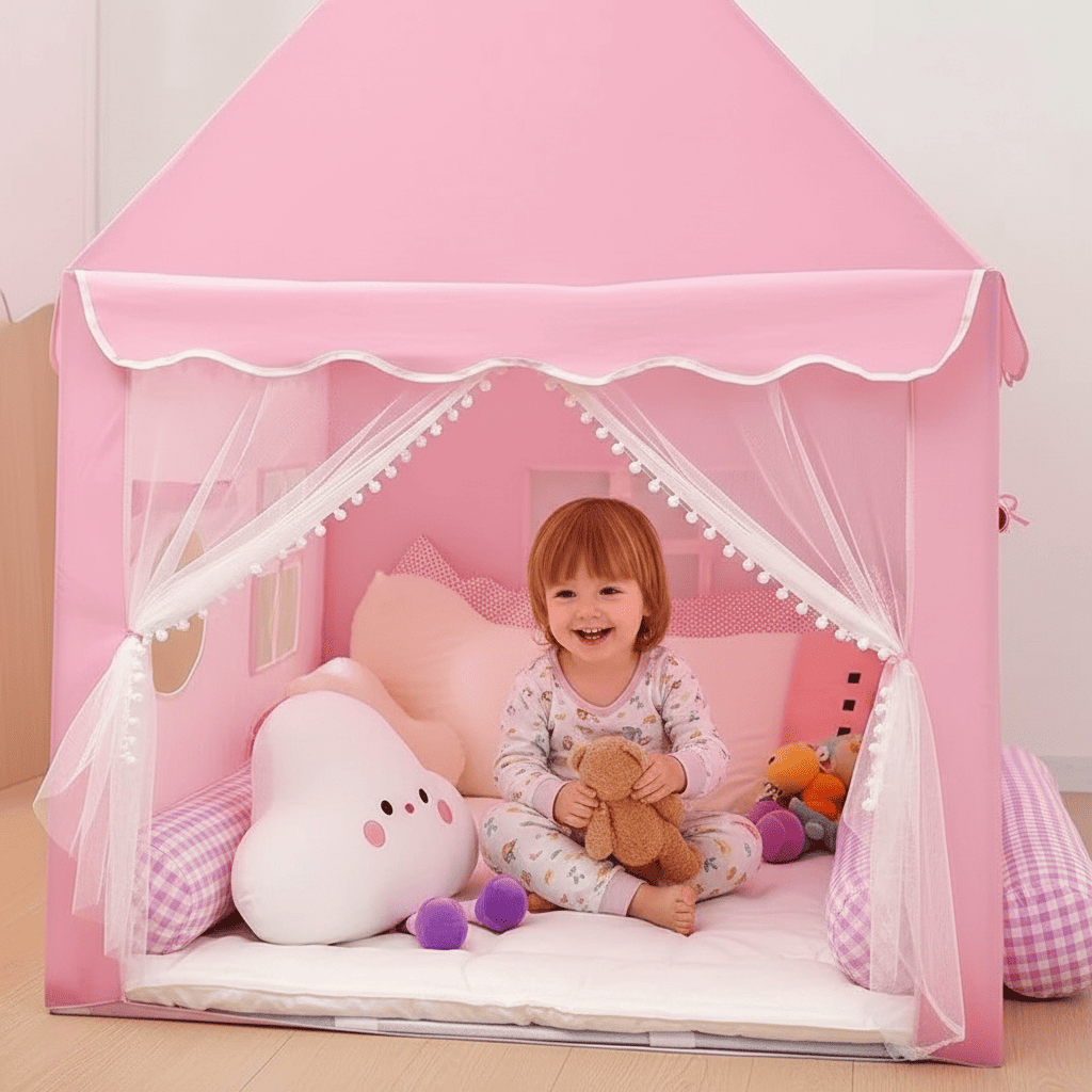 enfant jouant dans cabane enfant intérieur rose indoortent