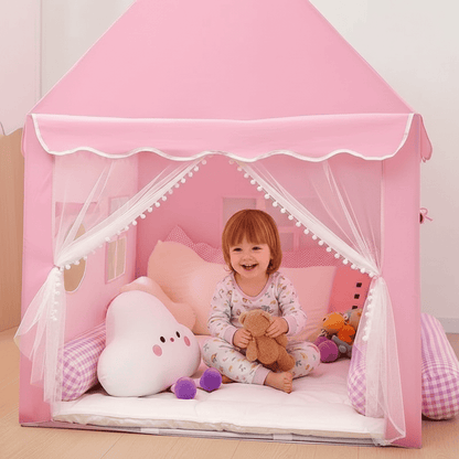 enfant jouant dans cabane enfant intérieur rose indoortent
