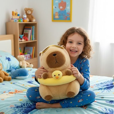 enfant joue avec peluche capybara doudou vetu muecapy jaune nageur