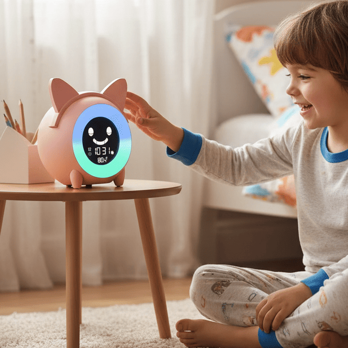 enfant joue avec reveil enfant joyeuxmatin chat rose
