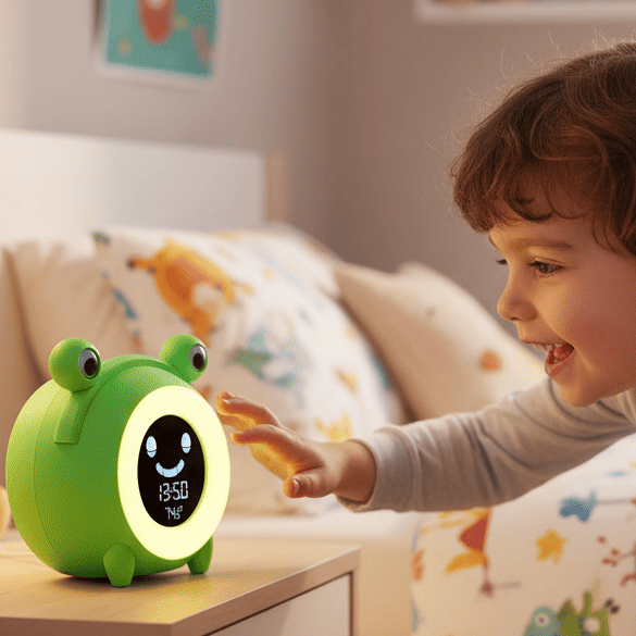enfant joue avec reveil enfant joyeuxmatin grenouile