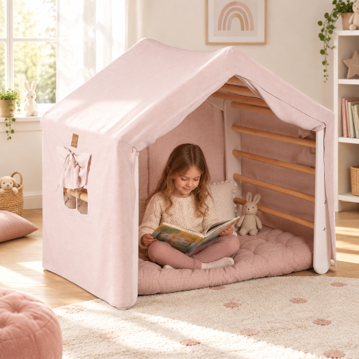 Enfant lisant dans la tente rose HerTent