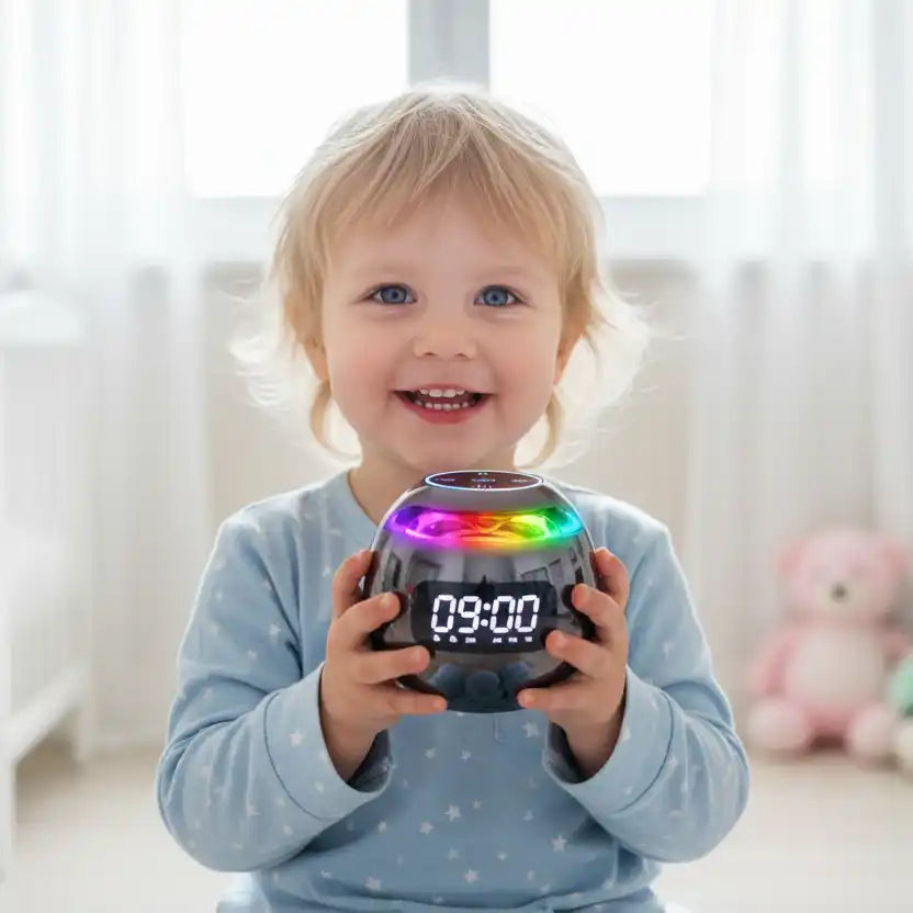 Enfant montrant fièrement le réveil musibright