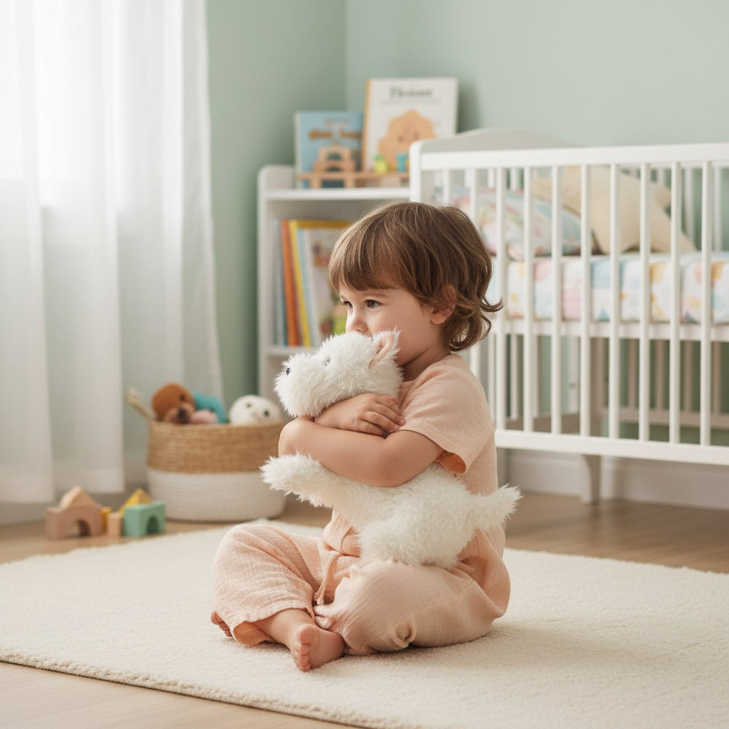 enfant tient sa peluche chien réaliste muecalinou