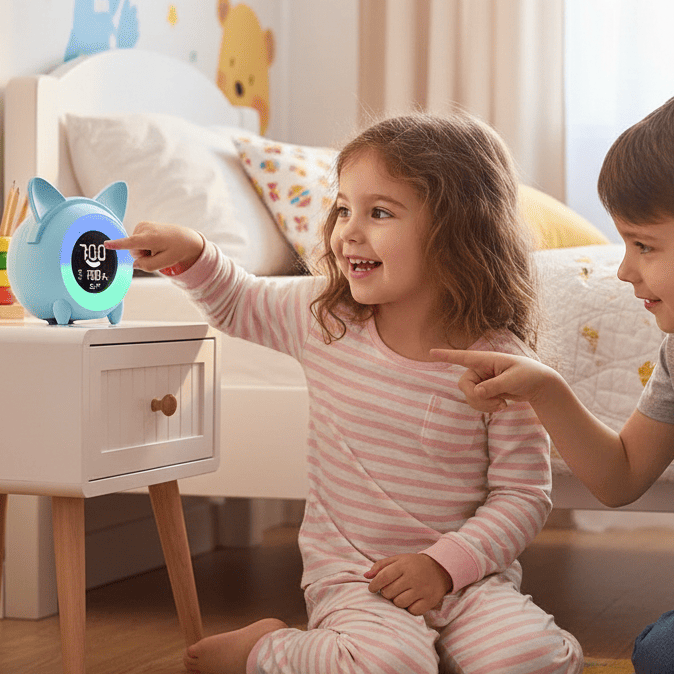 enfants jouent avec reveil enfant joyeuxmatin chat bleu