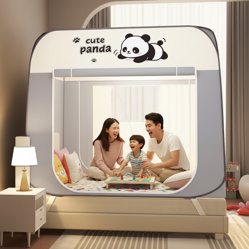Famille dans la tente lit panda