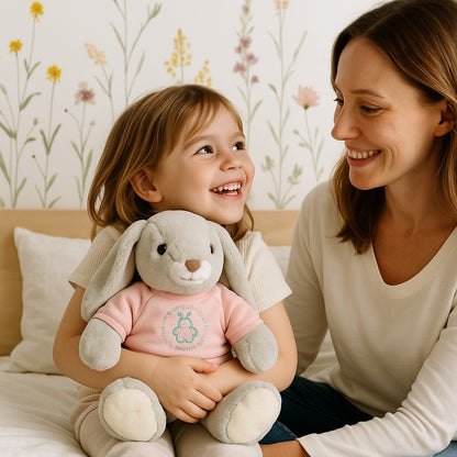 lapin en peluche rose en famille