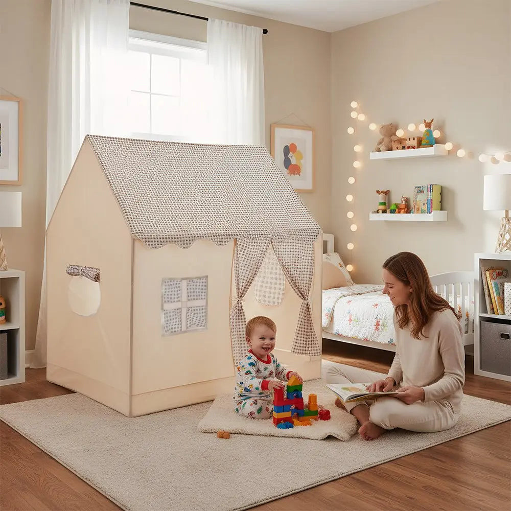 maman et enfant avec cabane enfant intérieur maison de jeu pliable grande taille playhouse