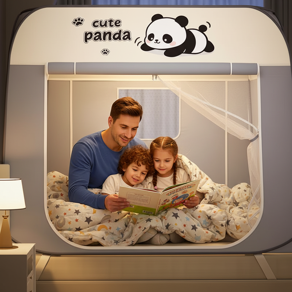 Papa et enfants dans la tente lit panda
