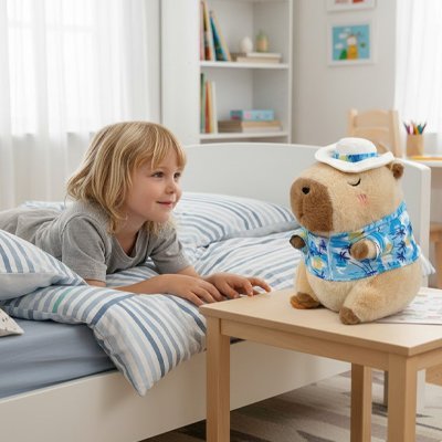 peluche capybara doudou vetu muecapy bleu