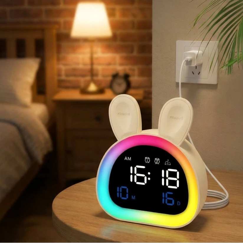 reveil enfant veilleuse multicolore rabbitclock branché au mur