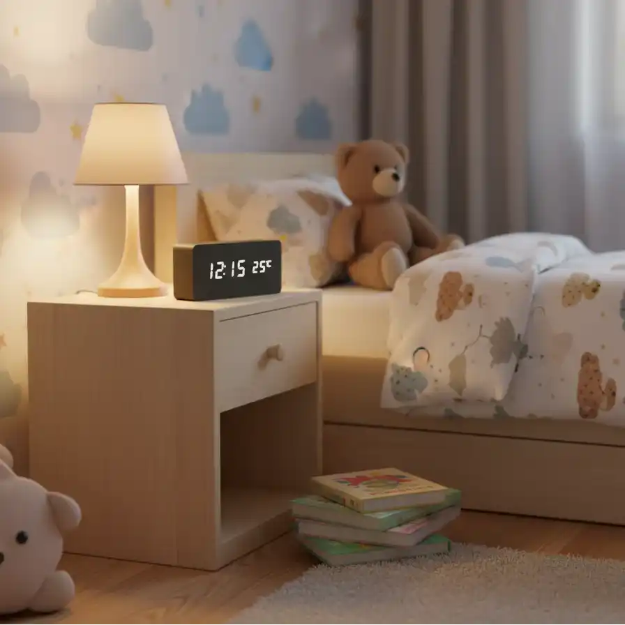 reveil numerique en bois precisclock sur table de chevet denfant