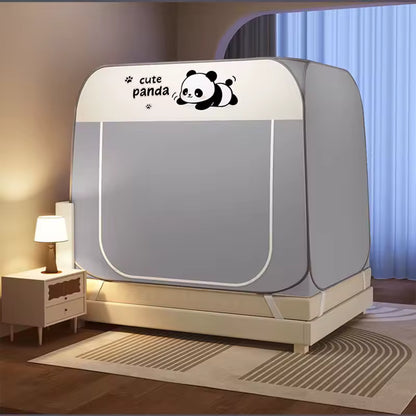 tente de lit enfant yourte rectangulaire gris motif panda sur lit