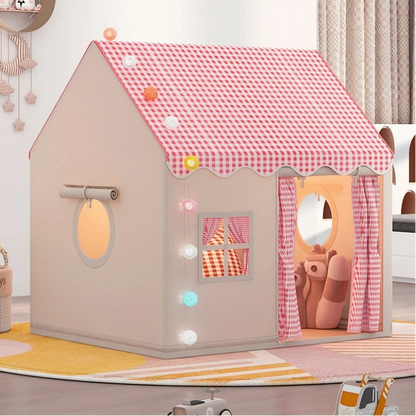 tente enfant CabanePliante rose avec guirlande