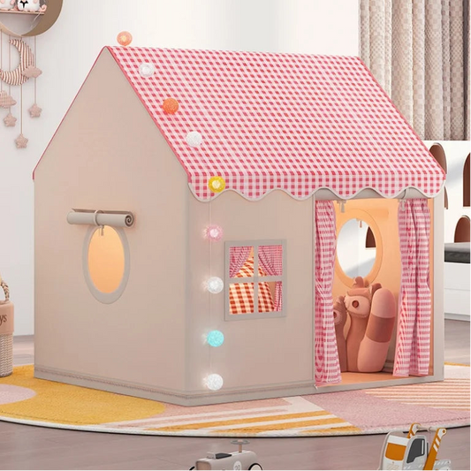 tente enfant CabanePliante rose avec guirlande