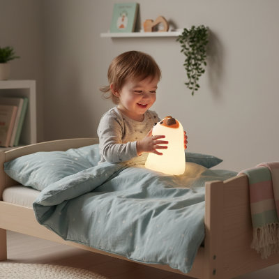 Veilleuse chien – enfant au lit