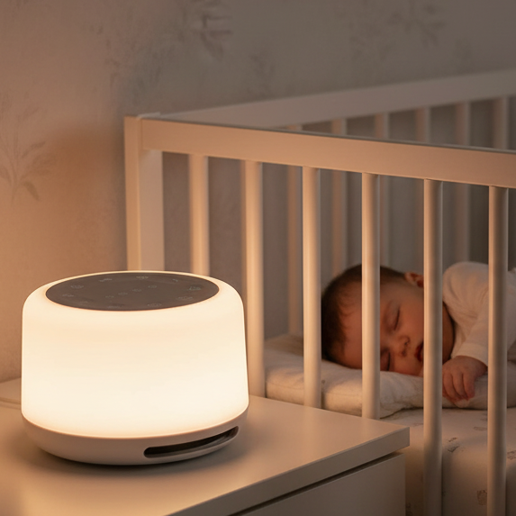 veilleuse white noise  au chevet bébé endormi